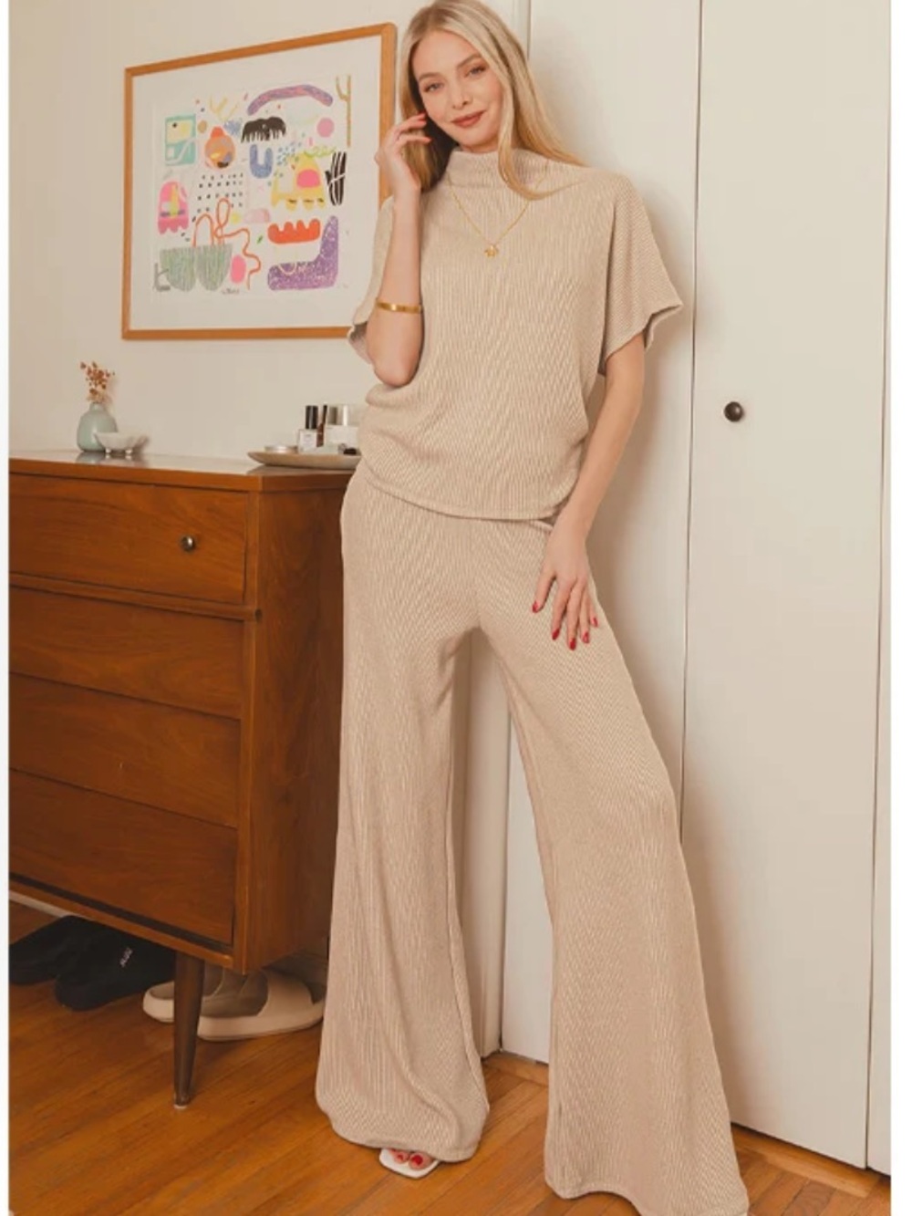 Zenana ✨Light mocha knit wide leg CowlNeck Short Sleeve Sweater set medium